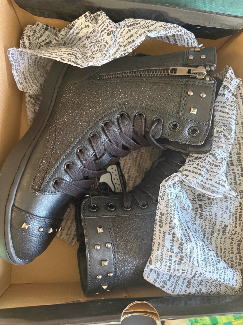 Pastry Black Military style Glitz, new Boots in box. black with glitter accent.